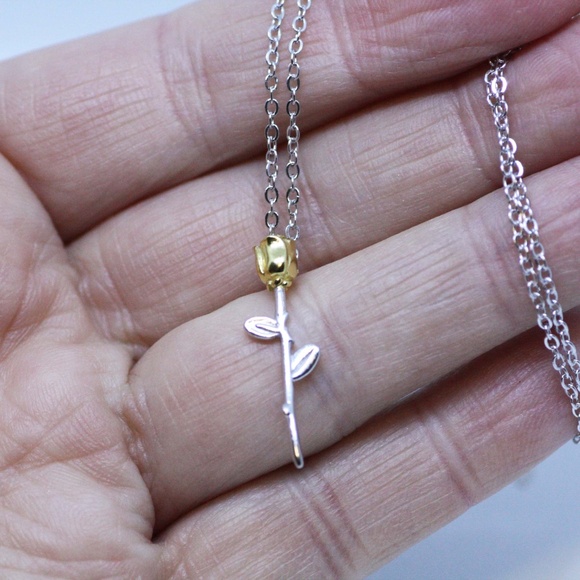 Romantic Two Tone Rose Flower Pendant Sterling Silver 925 , Flower Necklace - Picture 4 of 10